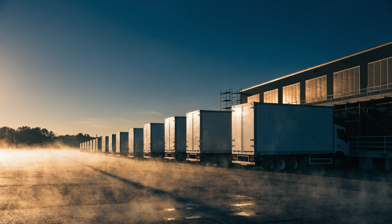 A line of refrigerated trucks at a distribution dock at dawn