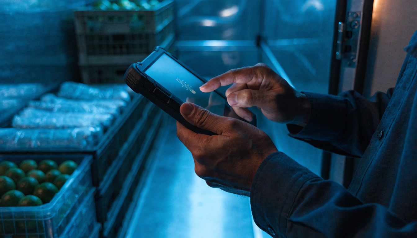 A driver checking a live temperature readout inside a refrigerated truck