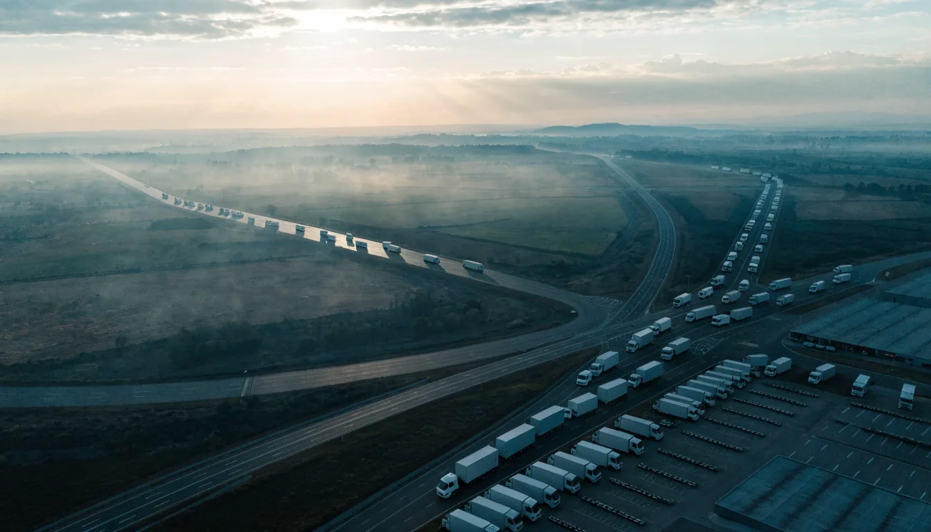 Aerial view of refrigerated trucks fanning out from a hub at dawn